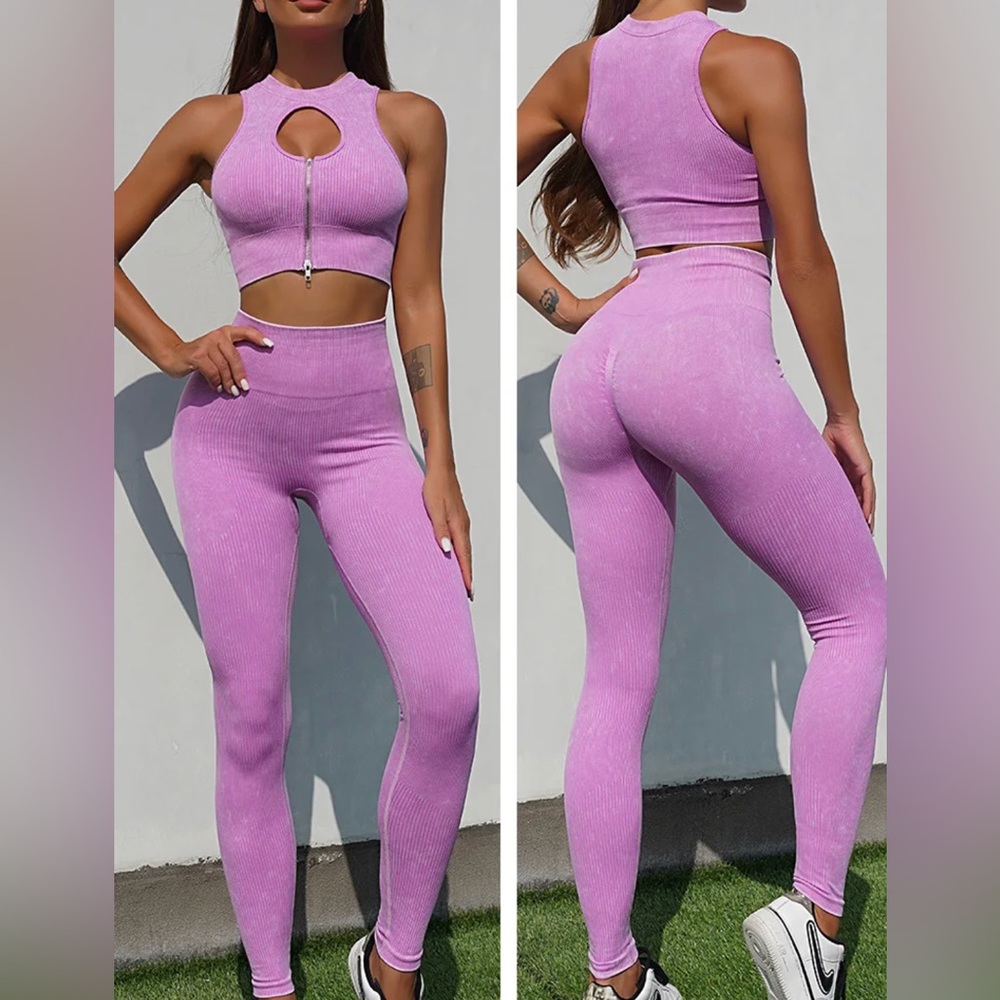 Ribbed seamless pink yoga set XS-S